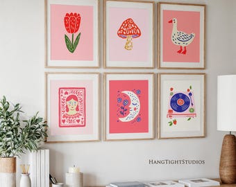 Preppy Gallery Wall Set of 6, Colorful Maximalist Art, Eclectic Dopamine Decor, Trendy Dorm Room Prints, Digital Download