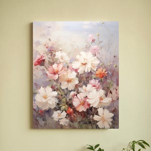 Art mural fleurs sauvages, peinture fleurs des prés claires, oeuvre d&#39;art floral cottagecore romantique, art botanique neutre, palette de couleurs douces