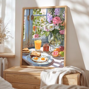 Vibrant breakfast still life painting for a cozy kitchen nook, featuring a sunny morning meal in a cottagecore style. This colorful wall art showcases a textured oil painting aesthetic with a warm cup of coffee, fresh pastries, and floral accents. Ideal for eclectic kitchen decor or a breakfast cafe atmosphere, this food art print blends maximalist colors with a rustic farmhouse feel, capturing the bright and peaceful essence of a slow morning breakfast still life.