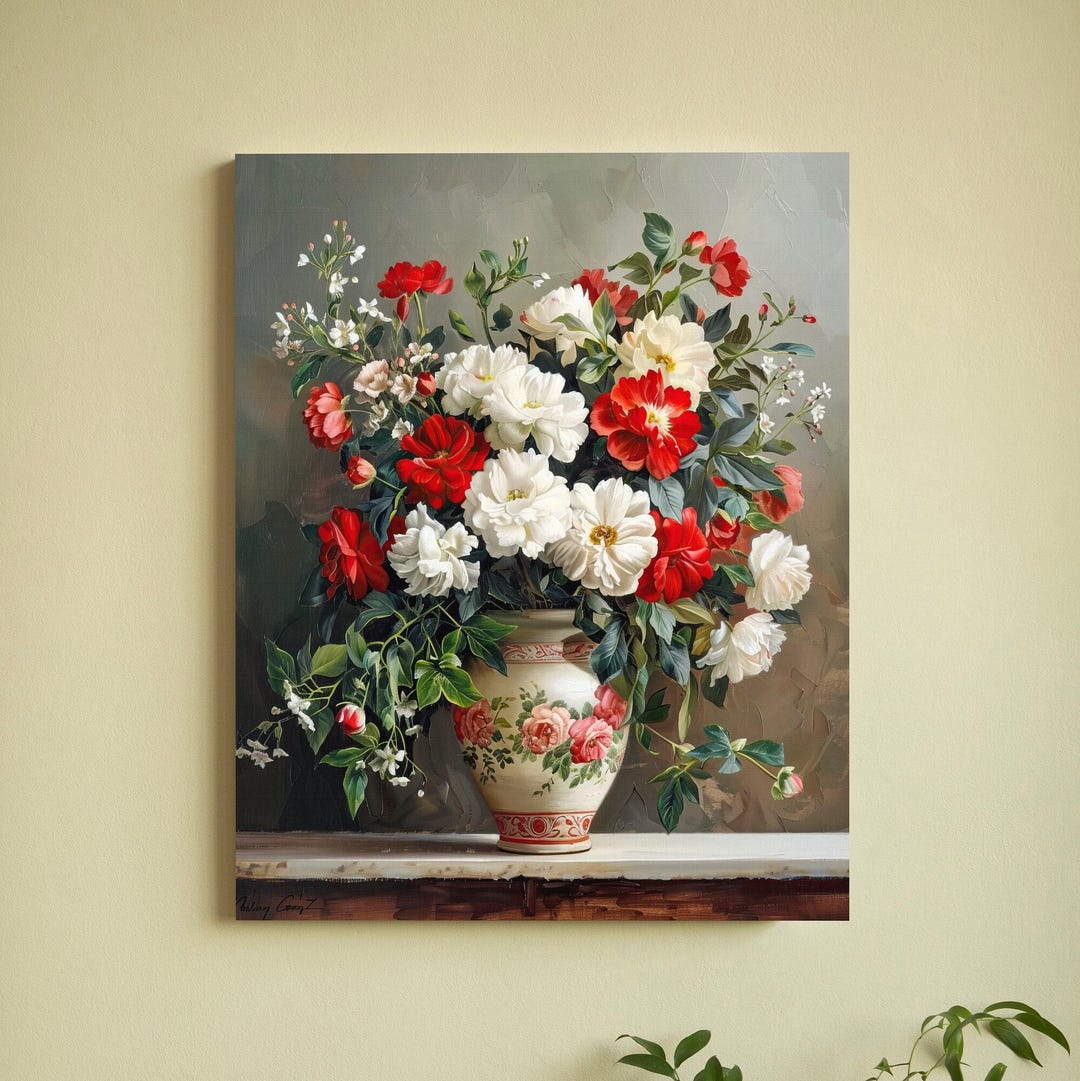 Tableau Toile Bouquet Floral Vintage - Art Déco, Paysage, Multicolore - Sans Cadre