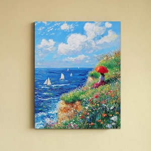 Inspired by Claude Monets The Cliff Walk at Pourville Wall Art Canvas Print, Coastal Wall Art, Beach Decor, Famous Claude Monet Art Print