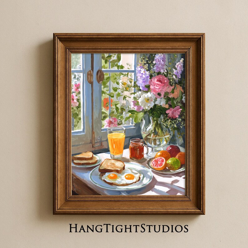 Vibrant breakfast still life painting for a cozy kitchen nook, featuring a sunny morning meal in a cottagecore style. This colorful wall art showcases a textured oil painting aesthetic with a warm cup of coffee, fresh pastries, and floral accents. Ideal for eclectic kitchen decor or a breakfast cafe atmosphere, this food art print blends maximalist colors with a rustic farmhouse feel, capturing the bright and peaceful essence of a slow morning breakfast still life.