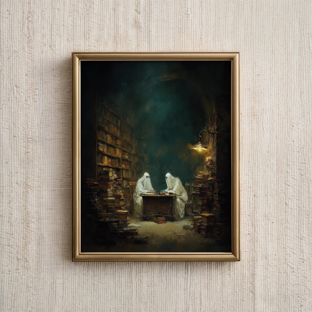 Halloween Wall Art Print, Ghosts in Vintage Library Painting, Cozy ...