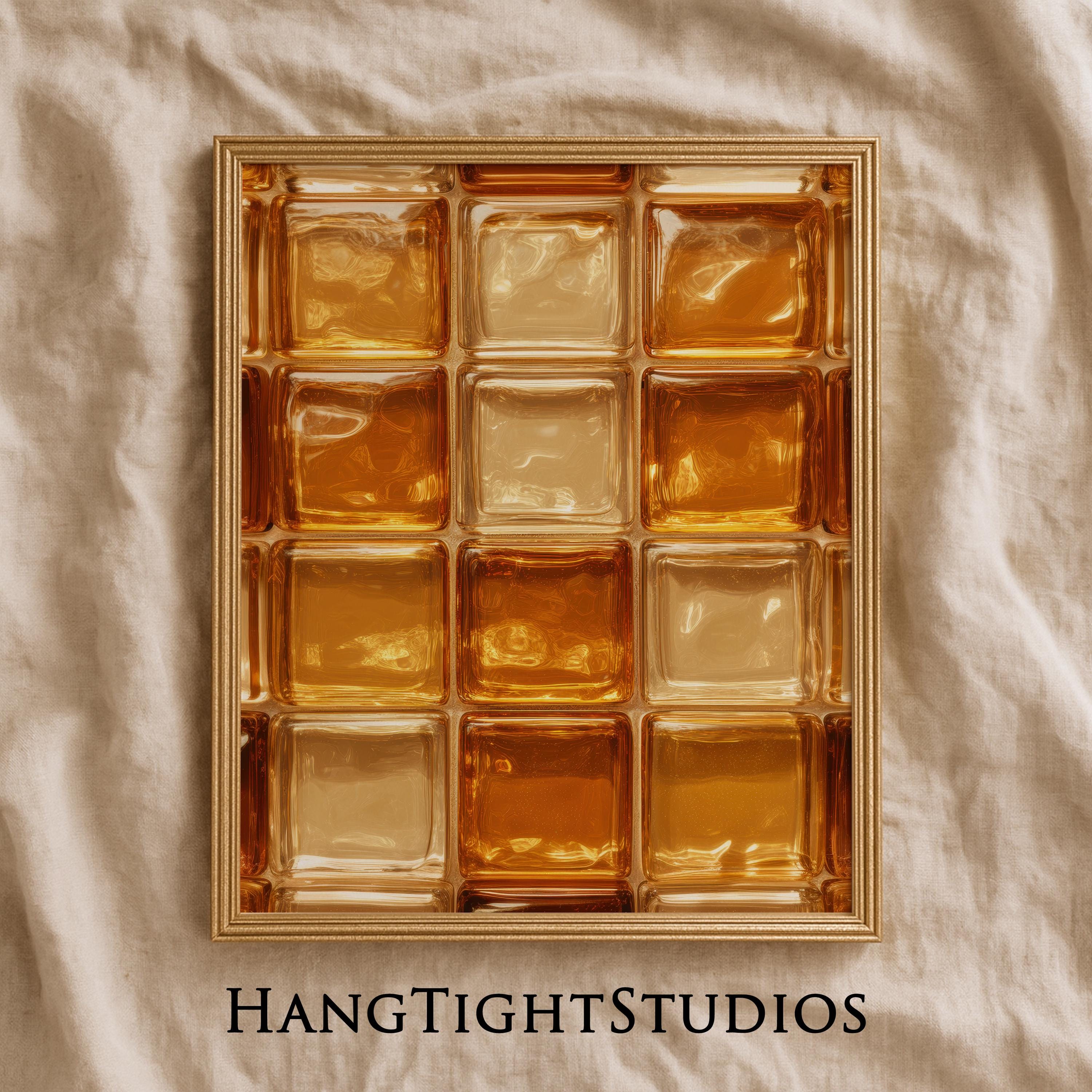 Amber Glass Tile Wall Art Print, Retro Orange Glass Blocks Poster