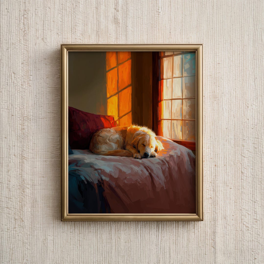Dog Wall Art Print, Sleeping Golden Retriever Painting, Cozy Pet Poster ...