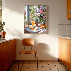 Vibrant breakfast still life painting for a cozy kitchen nook, featuring a sunny morning meal in a cottagecore style. This colorful wall art showcases a textured oil painting aesthetic with a warm cup of coffee, fresh pastries, and floral accents. Ideal for eclectic kitchen decor or a breakfast cafe atmosphere, this food art print blends maximalist colors with a rustic farmhouse feel, capturing the bright and peaceful essence of a slow morning breakfast still life.