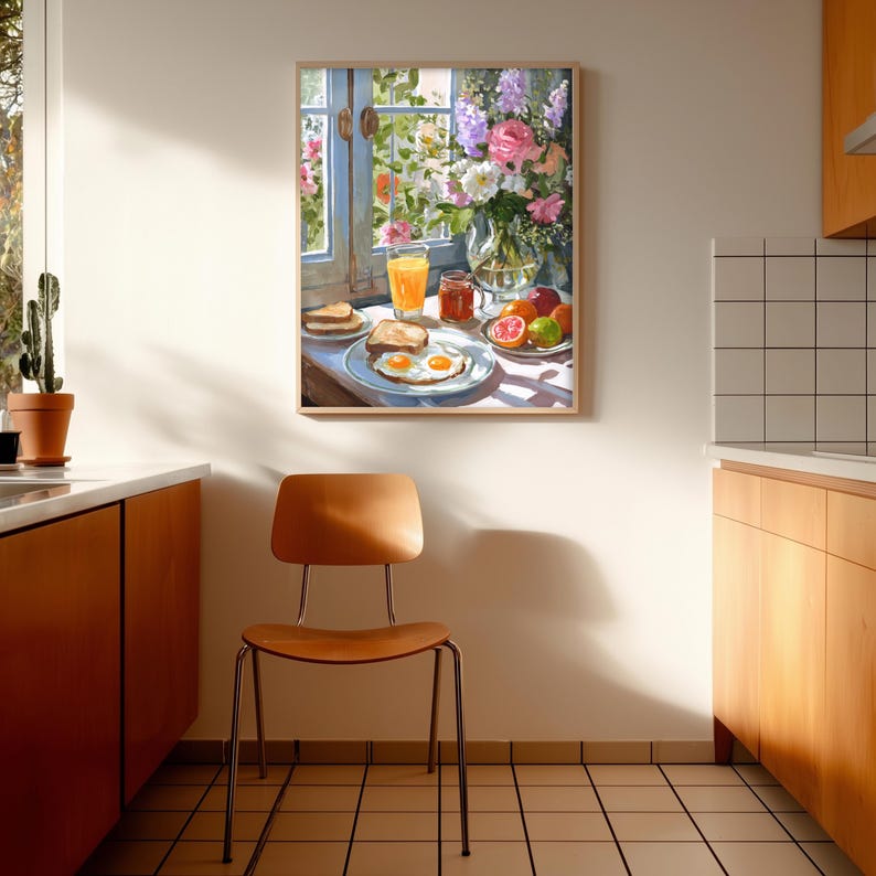 Vibrant breakfast still life painting for a cozy kitchen nook, featuring a sunny morning meal in a cottagecore style. This colorful wall art showcases a textured oil painting aesthetic with a warm cup of coffee, fresh pastries, and floral accents. Ideal for eclectic kitchen decor or a breakfast cafe atmosphere, this food art print blends maximalist colors with a rustic farmhouse feel, capturing the bright and peaceful essence of a slow morning breakfast still life.