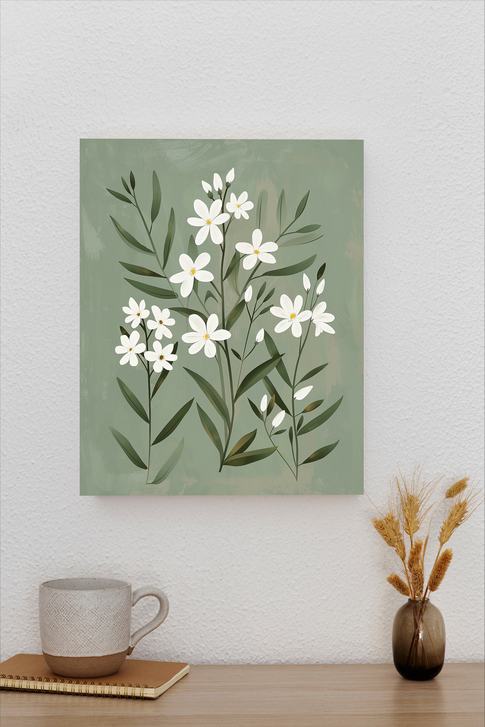 Floral Sage Green Wall Art Canvas Print, Sage Green Botanical Boho Wall
