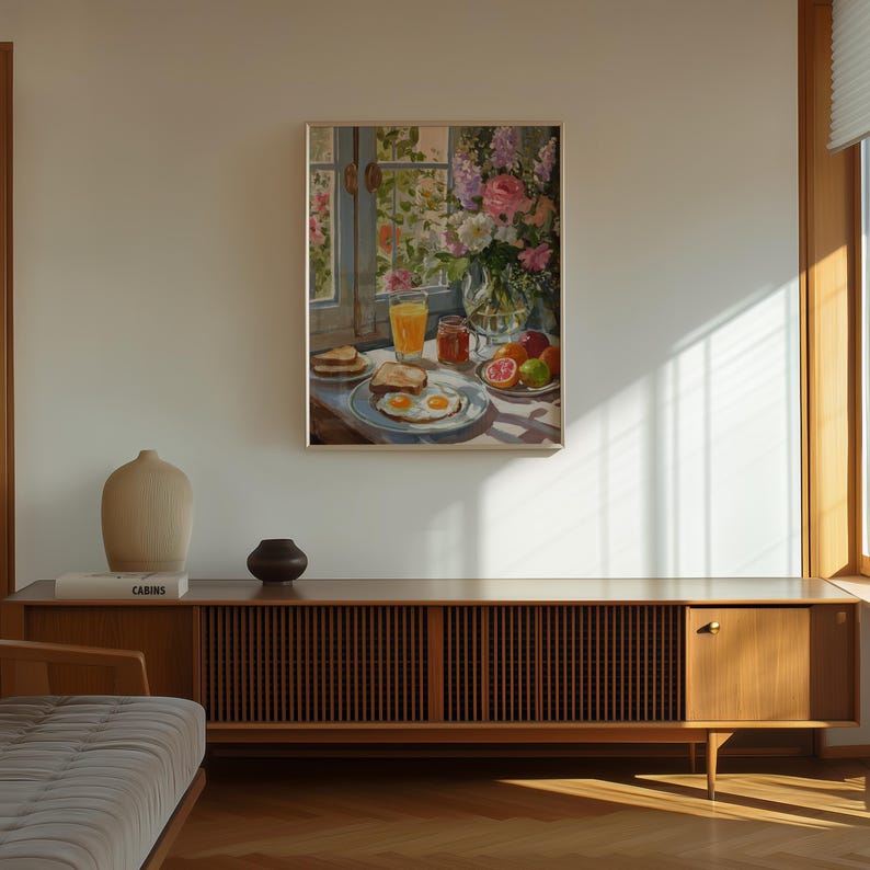 Vibrant breakfast still life painting for a cozy kitchen nook, featuring a sunny morning meal in a cottagecore style. This colorful wall art showcases a textured oil painting aesthetic with a warm cup of coffee, fresh pastries, and floral accents. Ideal for eclectic kitchen decor or a breakfast cafe atmosphere, this food art print blends maximalist colors with a rustic farmhouse feel, capturing the bright and peaceful essence of a slow morning breakfast still life.
