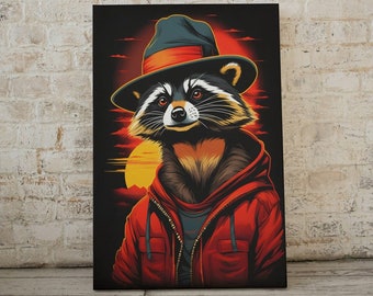 Sunset raccoon  with hat   Illustration . Interior design for office ,bedroom.Wall art  , digital download .