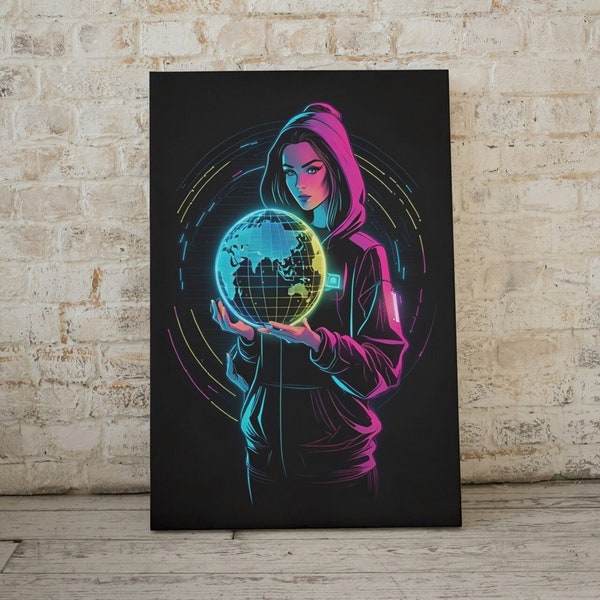 Neon Globe Hacker Girl   .Design for bedroom,office  .Wall art. Digital download