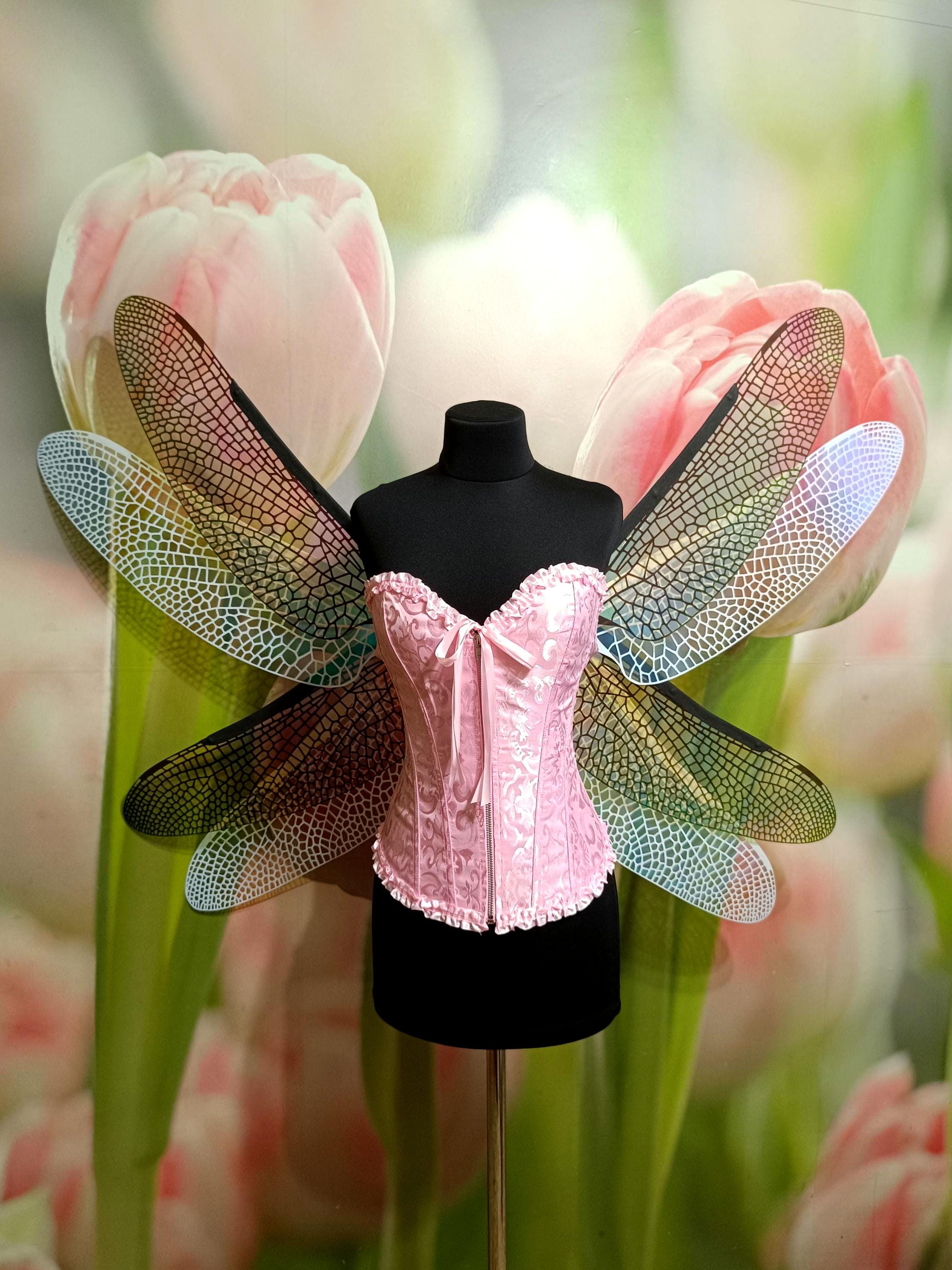 iHeartRaves Iridescent Green Fairy Wings with Gold Trim and Pink Flower Gold Glitter Fairy Wings: Girls Dress up Costume, Adjustable  main image 2