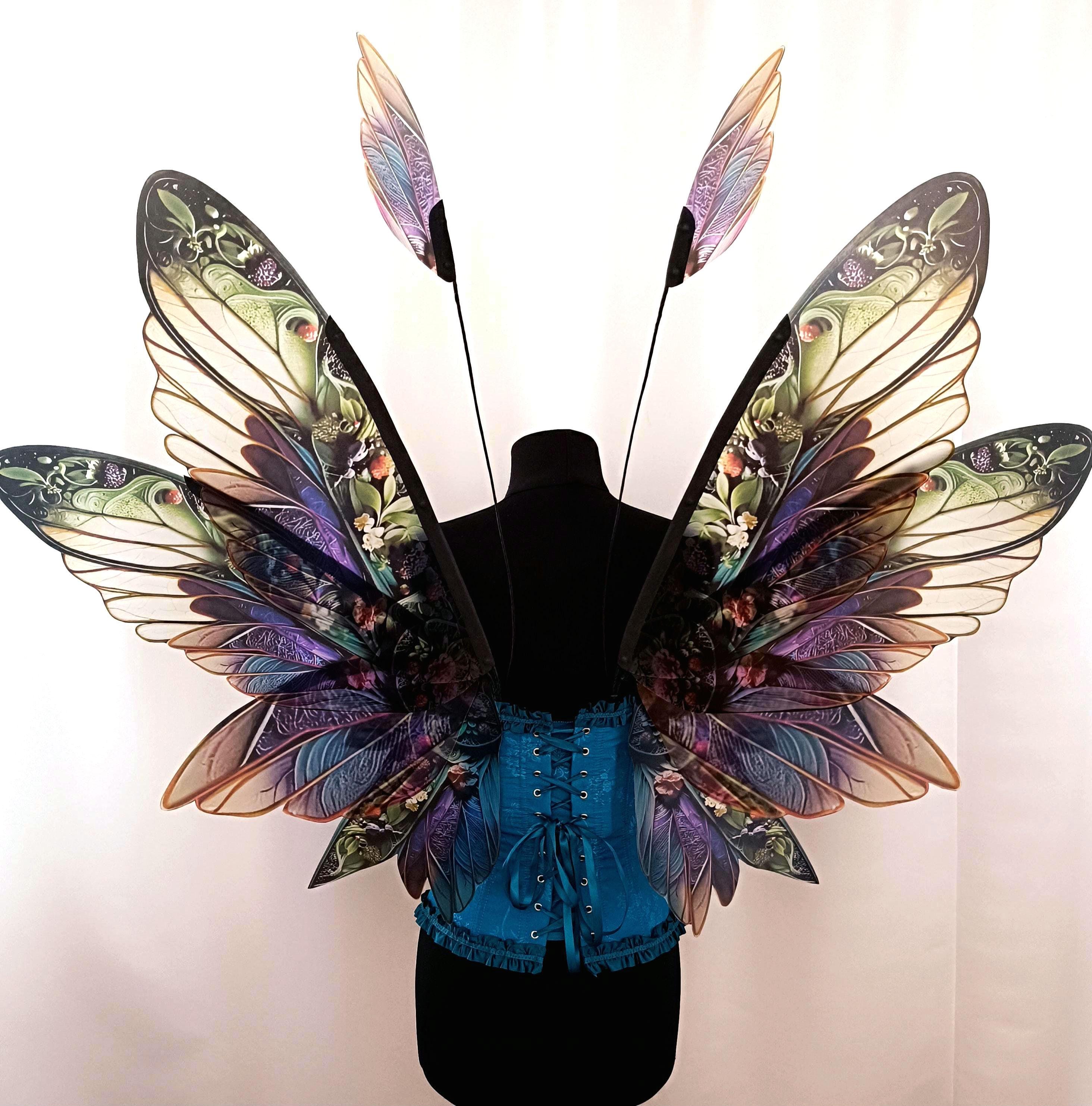 Large Green Wings of a Woodland Fairy With a Floral Pattern for