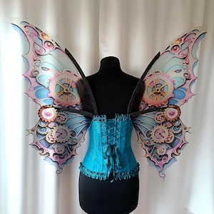 Pink and blue steampunk butterfly wings, wings with clockwork gears for steampunk style costume