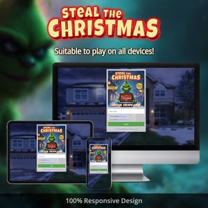 Op de afbeelding: Een advertentie voor het virtuele escape-spel "Steal the Christmas", getoond op een computer, tablet en smartphone. De Grinch staat in het logo. Tekst bevat "Suitable to play on all devices!" en "100% Responsive Design."