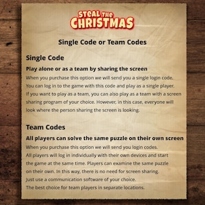 Op de afbeelding: Een vintage poster met de titel "STEAL THE CHRISTMAS" in rood en wit. De poster beschrijft single- en teamcode-opties voor een spel, waarbij wordt uitgelegd hoe je alleen of met anderen kunt spelen, en de voordelen van elk codetype.