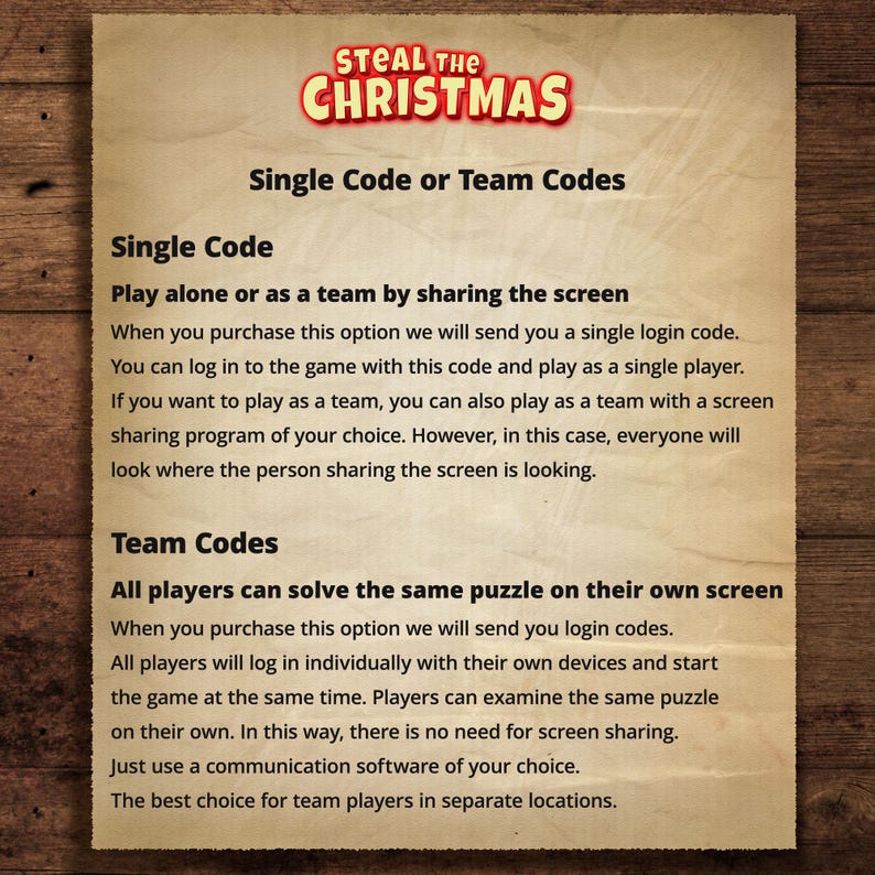 Op de afbeelding: Een vintage poster met de titel "STEAL THE CHRISTMAS" in rood en wit. De poster beschrijft single- en teamcode-opties voor een spel, waarbij wordt uitgelegd hoe je alleen of met anderen kunt spelen, en de voordelen van elk codetype.