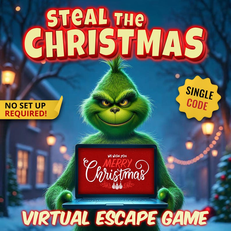 Op de afbeelding: Digitale illustratie van een groen personage met een laptop met "Merry Christmas" op het scherm. De tekst "Steal the Christmas" staat erboven, en "Virtual Escape Game" eronder. Een banner zegt "No Set Up Required!" en een andere "Single Code."