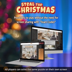 Op de afbeelding: Een laptop en een desktopcomputer tonen een website met de tekst "STEAL THE CHRISTMAS". De afbeelding promoot een spel met "Team Codes" voor individueel schermspel. De tekst onderaan luidt "All players can solve the same puzzle on their own screen."