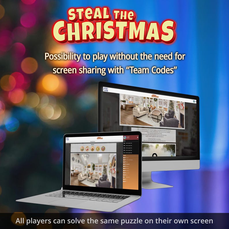 Op de afbeelding: Een laptop en een desktopcomputer tonen een website met de tekst "STEAL THE CHRISTMAS". De afbeelding promoot een spel met "Team Codes" voor individueel schermspel. De tekst onderaan luidt "All players can solve the same puzzle on their own screen."