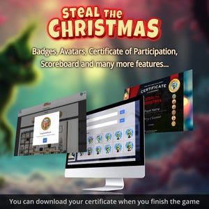 Op de afbeelding: Een computerscherm toont de tekst "STEAL THE CHRISTMAS" in rood en geel. De afbeelding toont badges, avatars en een deelnamecertificaat. De tekst "You can download your certificate when you finish the game" staat onderaan.