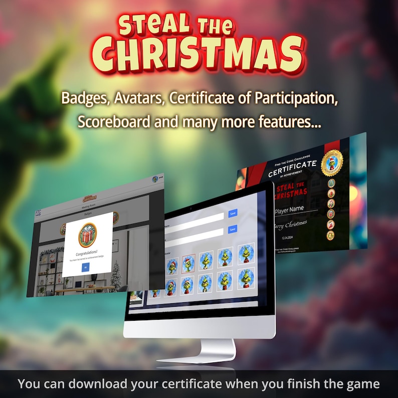 Op de afbeelding: Een computerscherm toont de tekst "STEAL THE CHRISTMAS" in rood en geel. De afbeelding toont badges, avatars en een deelnamecertificaat. De tekst "You can download your certificate when you finish the game" staat onderaan.