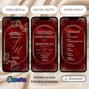 May include: Three smartphone screens displaying a digital wedding invitation template. The design features a burgundy background with gold floral accents and text. The invitation includes event details and a schedule.