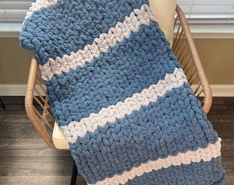 Blue and Grey Chunky Knit Blanket | Chenille Yarn | Striped Chunky Knit Blanket | Throw Blanket | Ready to Ship | 46in x 54in | Cozy Blanket