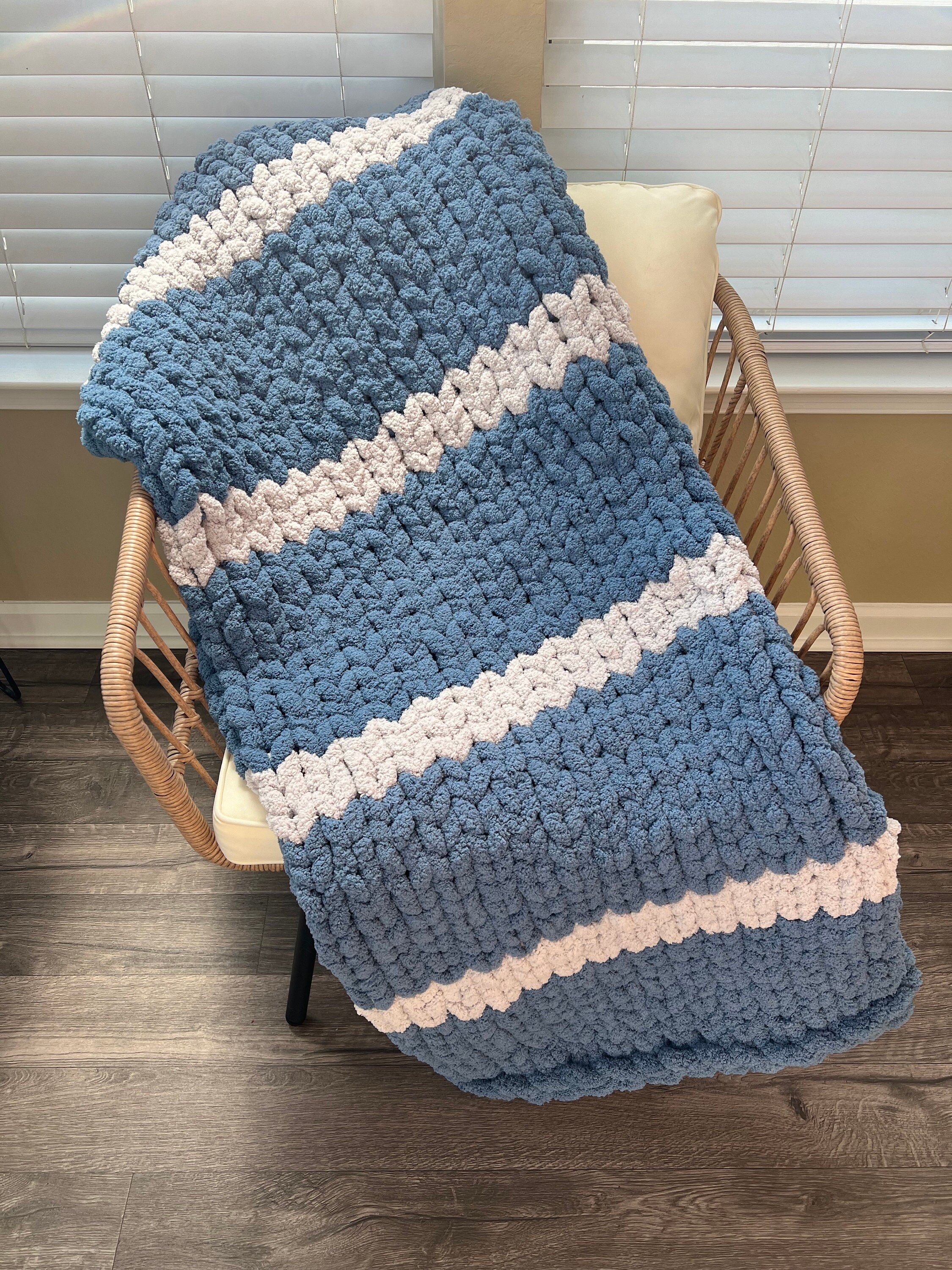 Blue and Grey Chunky Knit Blanket | Chenille Yarn | Striped Chunky Knit Blanket | Throw Blanket | Ready to Ship | 46in x 54in | Cozy Blanket