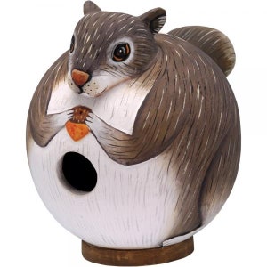May include: A ceramic birdhouse shaped like a squirrel holding a nut. The squirrel is brown and white with a black nose and brown eyes. The birdhouse has a round opening for birds to enter.