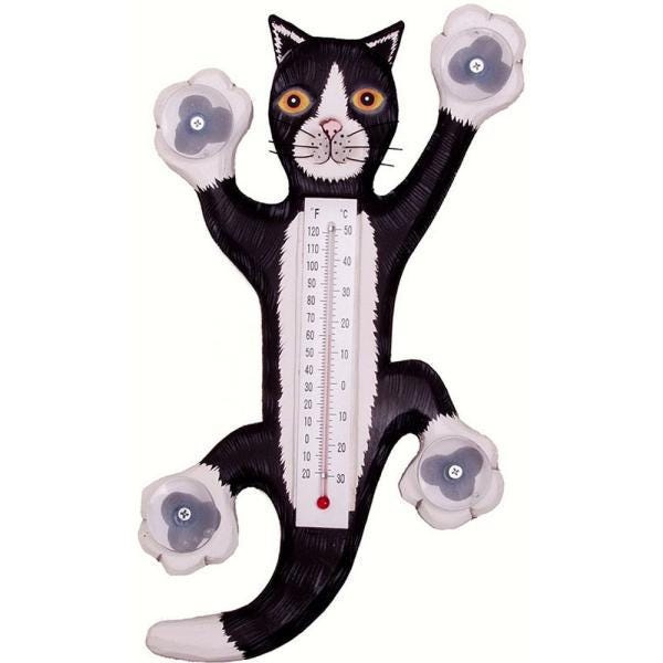 Small Climbing Black & White Cat Window Thermometer