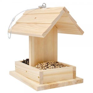May include: A wooden bird feeder with a slanted roof and two feeding compartments. The feeder is made of natural wood and has a wire hanging loop.