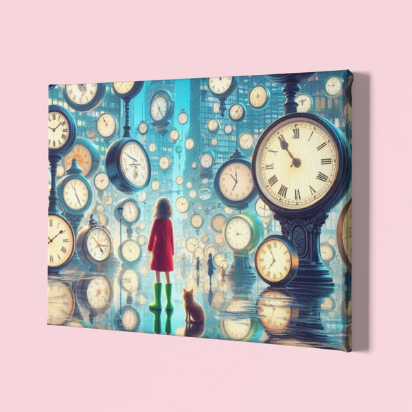 Clock city with red little girl and a rabbit poster | fun digital print | wall art for children and youth | art for nursery