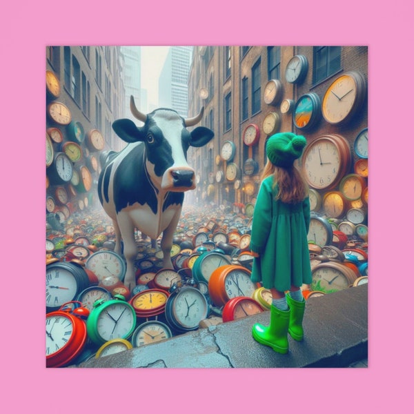 Clock city with green little girl and a cow poster | fun digital print | wall art for children and youth | art for nurseries