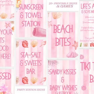 Op de afbeelding: Een verzameling bedrukbare feestborden met een strandthema. De borden hebben roze en witte strepen, schelpen en tekst zoals "Sunscreen & Towel Station" en "Beach Bites".