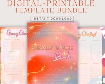 May include: A digital printable checklist template bundle with a pink and orange gradient background. The text "Checklist Template Bundle" is in a pink and white font. The text "Organizer Templates" is in a gold font. The text "Digital Planning | Printable Templates" is in a gold font. The text "ADHD Friendly" is in a gold font. The text "10+ Digital Printable Checklists Templates" is in a gold font. The text "Not a Physical Product" is in a gold font.
