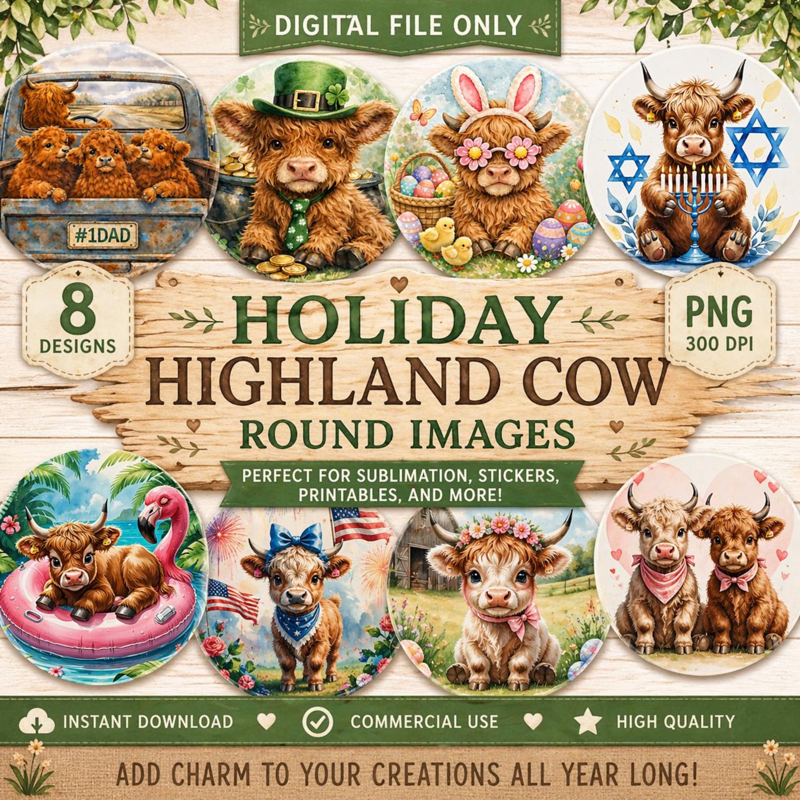 Holiday Highland Cow Round PNG Clipart – Watercolor Designs for ...