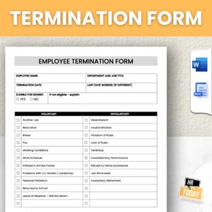 Op de afbeelding: Een zwart-wit formulier voor beëindiging van de arbeidsovereenkomst met selectievakjes voor vrijwillige en onvrijwillige redenen om te stoppen met een baan. Het formulier bevat velden voor de naam van de werknemer, de datum van beëindiging, de afdeling en de functietitel, en de laatste werkdatum.