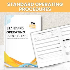 May include: A standard operating procedure template with a yellow and blue abstract design on the cover. The template includes sections for author, reviewer, approver, purpose, scope, definitions, responsibilities, procedures, introduction, objective, assessment, and attachments.