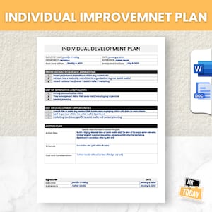 Peut inclure: Document blanc intitulé "Plan de développement individuel" avec du texte noir. Il comprend des sections pour les objectifs, les forces, les opportunités et un plan d'action. Icône Word et logo HR Today visibles.