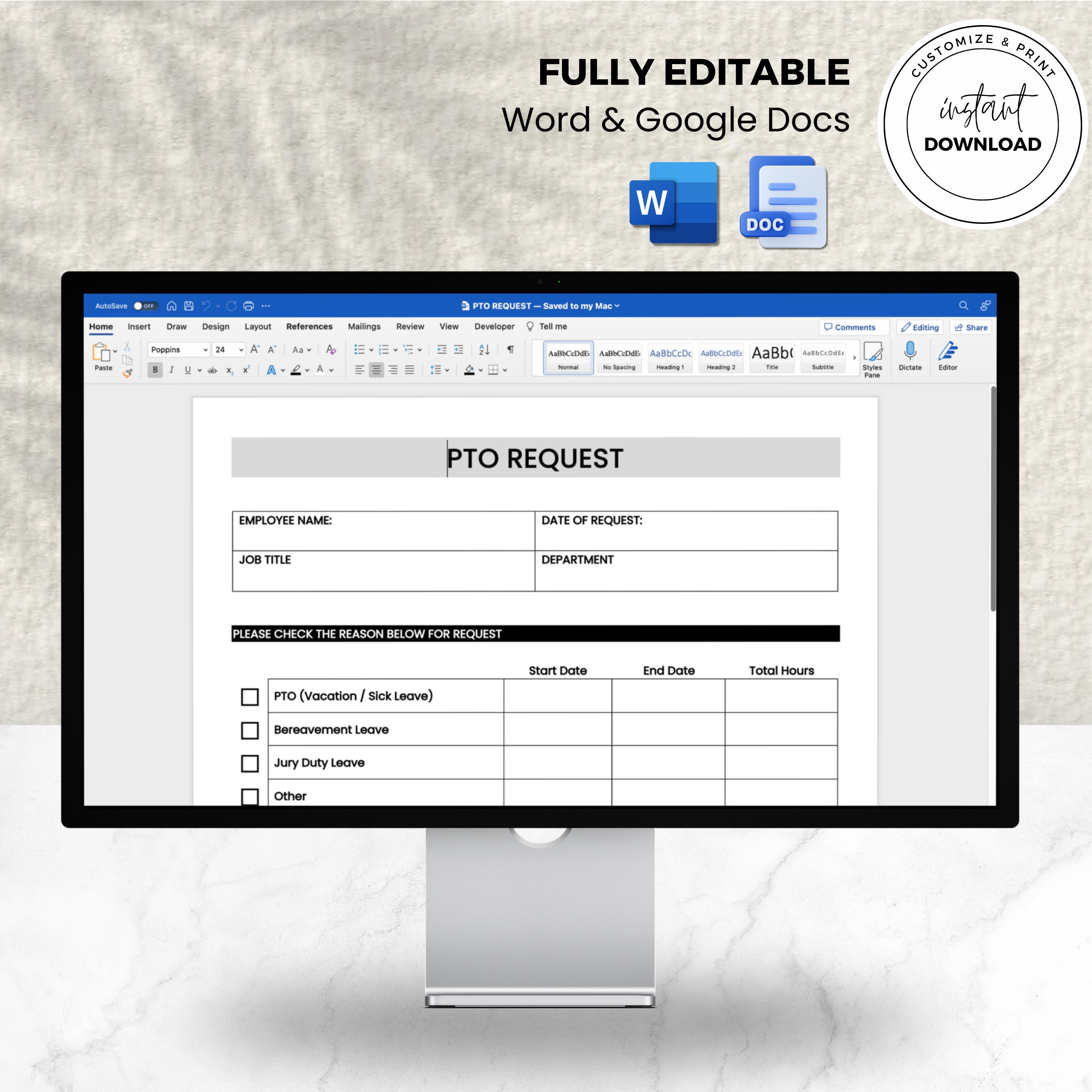 PTO (paid Time Off) Request Form, Human Resources Form, Vacation ...