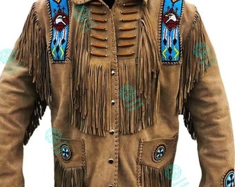 Blouson cowboy amérindien en cuir daim à franges pour homme, Blouson montagne en daim marron, Blouson en cuir suédé fait main, Blouson cowboy