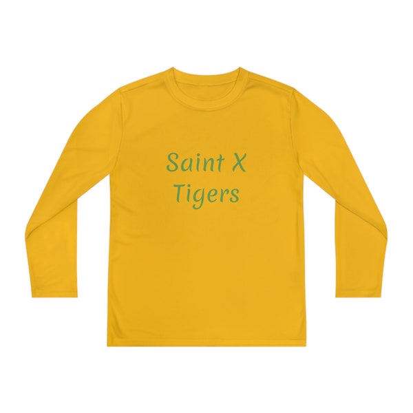 Tiger, Saint X Tigers, Youth Long Sleeve Competitor Tee, Gold and Green, Spirit Wear, School, Go Tigers, Tiger Fan