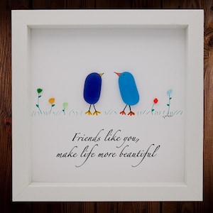sea glass wall art, sea glass home decor, sea glass gifts, colorful sea glass inspired birds with sea glass inspired flowers