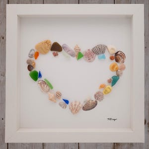 seashell wall art, seashell home decor, coastal home decor, small colorful seashells and sea glass in heart design for home decor