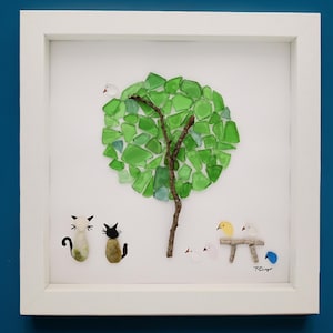 sea glass birds, rock handmade art, handmade wall decor, Sea glass tree and colorful birds with cats designed with rocks and pebbles