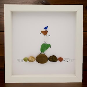 sea glass birds, sea glass wall decor, sea glass handmade art, 4 colorful birds designed from sea glass on top of each other on rocks