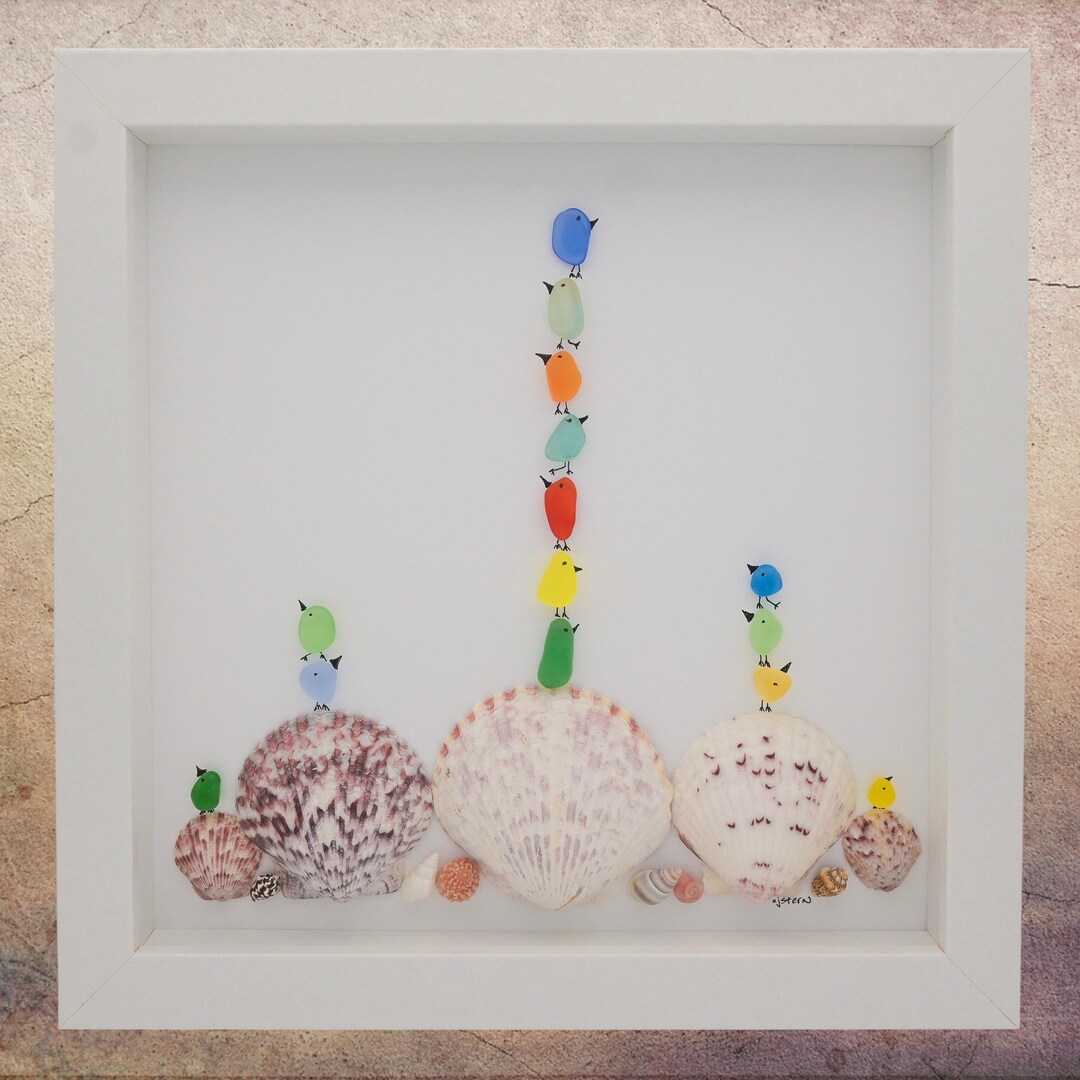 Shell Bird Design Sea Glass Colorful Sea Birds, Multicolored Birds Sitting on Shells ...