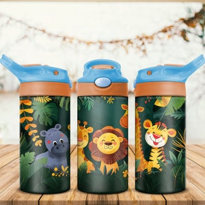 Safari Animals 12oz Kids Flip Top Sippy Cup Tumbler Wrap, 12oz Straight Tumbler Sublimation PNG, Childrens Animals Tumbler Wrap Design PNG