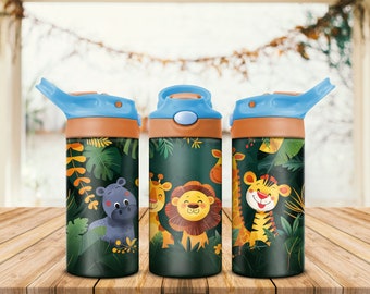 Safari Animals 12oz Kids Flip Top Sippy Cup Tumbler Wrap, 12oz Straight Tumbler Sublimation PNG, Childrens Animals Tumbler Wrap Design PNG
